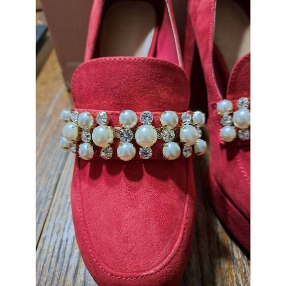 New 7 JustFab Adele Throwback Chili Pepper Embellished Platform High Heel Shoes - Picture 7 of 12